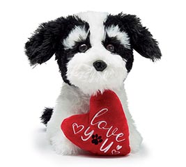 BLACK AND WHITE PUPPY WITH RED HEART
