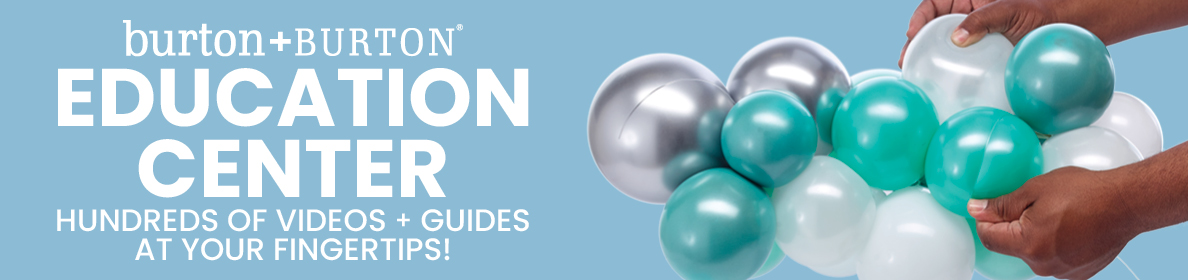 education center text information with person holding balloons on a blue background