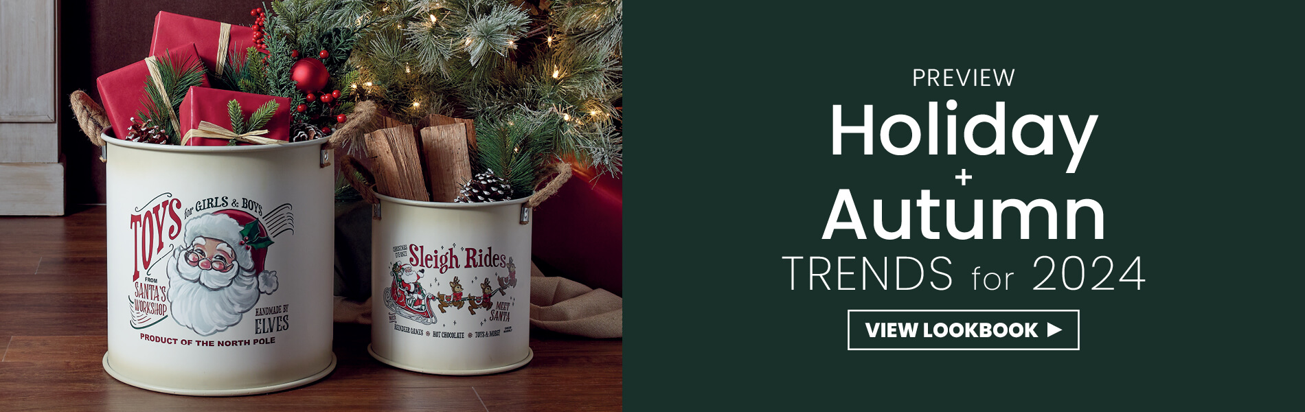 tin mugs and holiday decorations